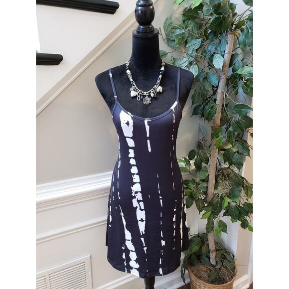 Women's Camisole Dress Medium Black Tie Dye Print Sleeveless Stretch Round Neck - Picture 2 of 11